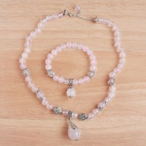 Rose Quartz Stone Bead Silver Tone Bracelet Necklace Set Bohemian Pink Pastel